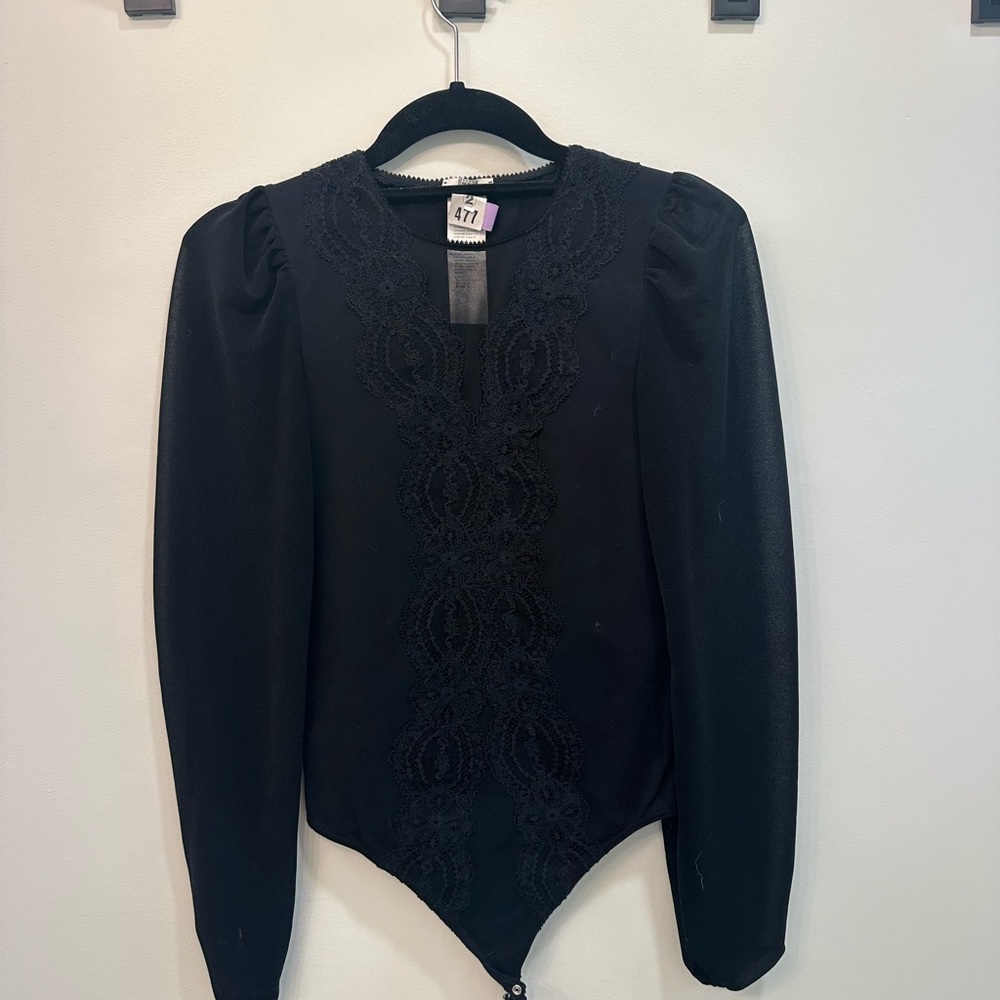 Wolford Black Lace-Front Long Sleeve Bodysuit